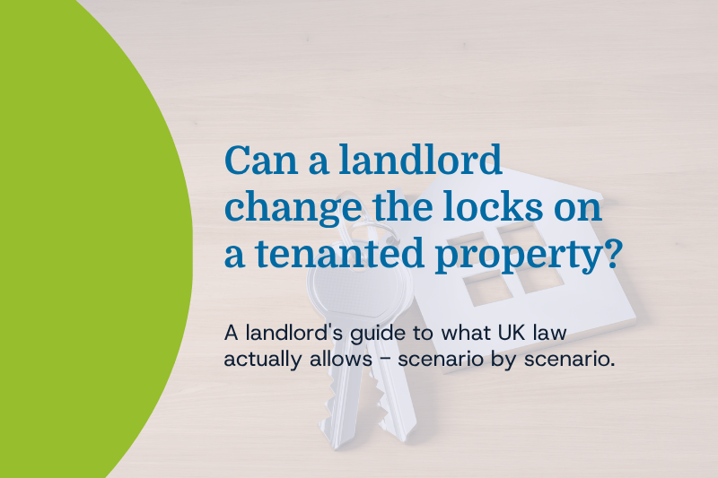 Cover image for a guide: 'Can a landlord change the locks on a tenanted property?' with keys and a notepad in the background on a wooden surface.