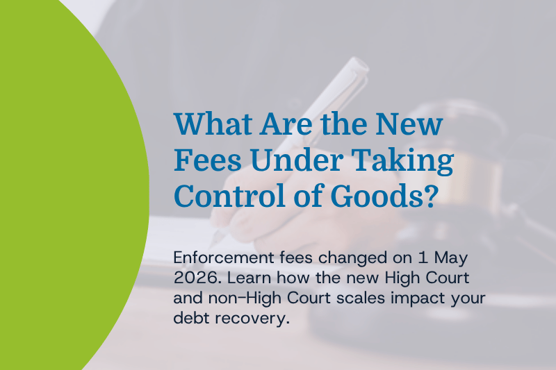 Informational banner about new enforcement fees under Taking Control of Goods, with date May 1, 2026.